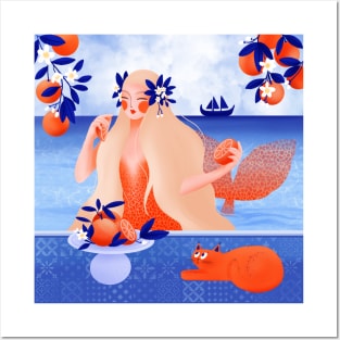 Beautiful mediterranean mermaid with oranges and orange cat , version 5 Posters and Art